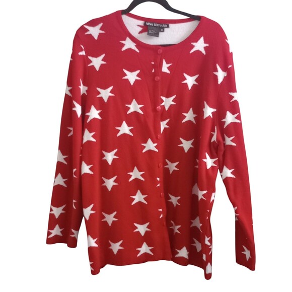 Nina Leonard Button Up Cardigan Red With White Stars Size 3X - Picture 1 of 4